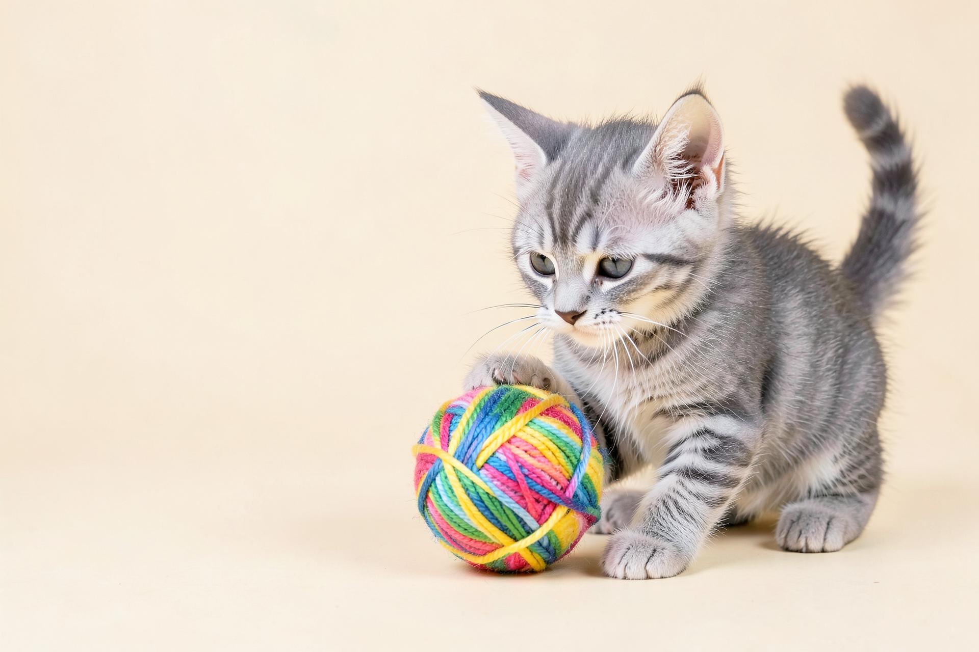 Grey tabby kitten playing with a colorful yarn ball — welcome to Pawsy Pets online pet supply shop